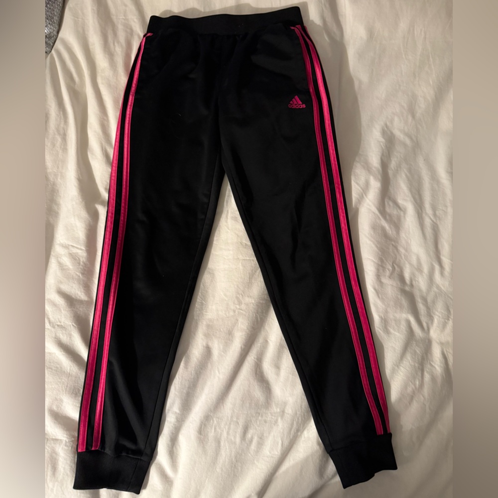 Adidas Black and Pink Joggers with Triple Stripes